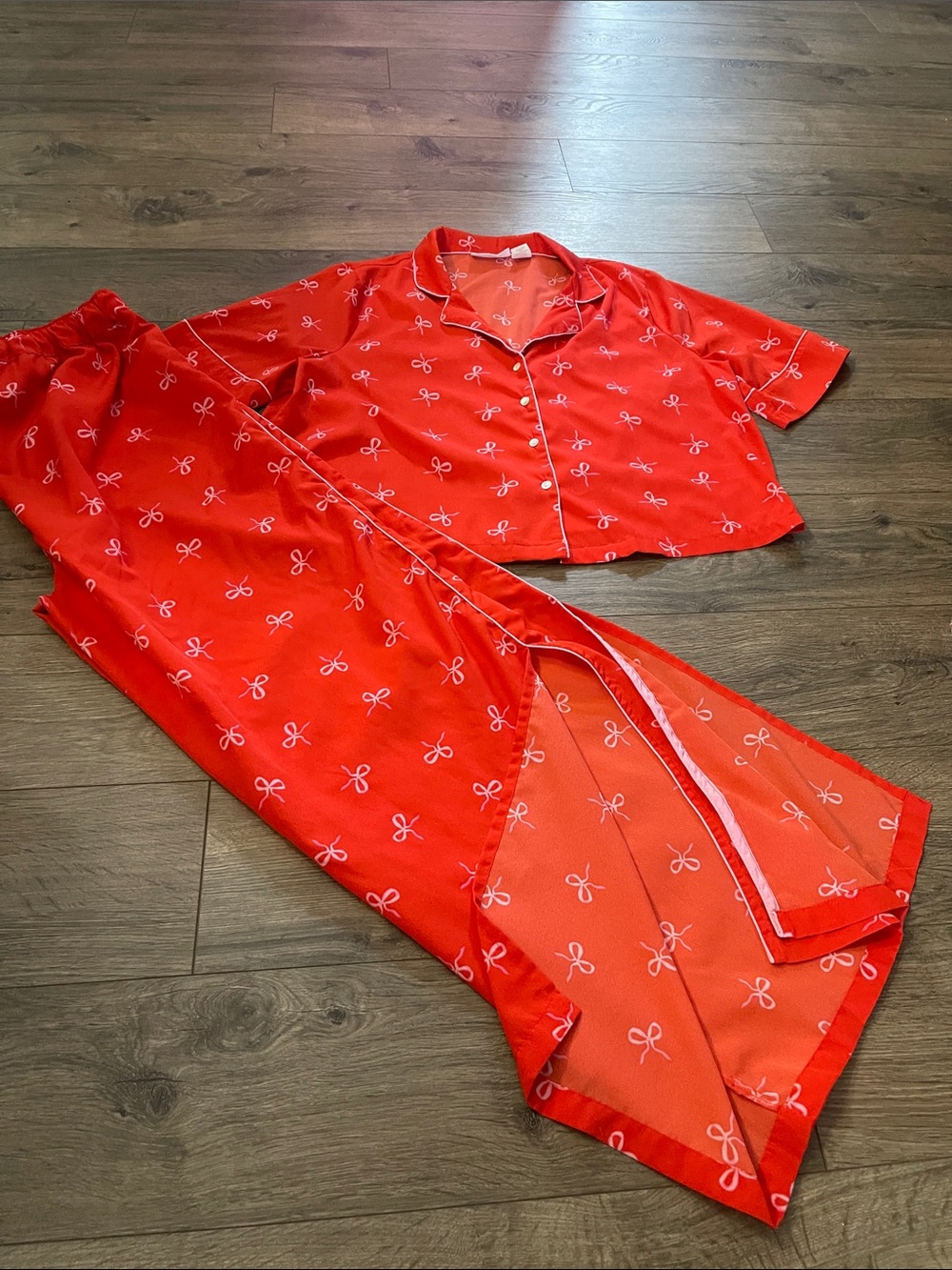 Shabby Chic Red Pajama Set with White Bow Motif